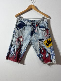 Smoke Rise Denim NYC Acid Washed Shorts Flames Patched Thrashed Used Size 34