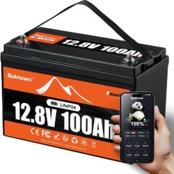 12.8V 100Ah LiFePO4 Lithium Battery With Bluetooth,1280Wh Energy,15000+ Cycles Rechargeable Lightweight Lithium Battery for Trolling Motor, Off-Grid,B
