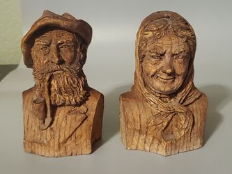 Vintage German folk art wood carvings Old Man and Woman