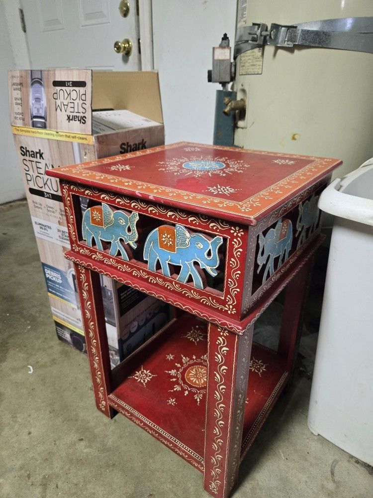 Red Wooden Side Table With Indian Print