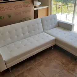 WHITE Tufted Faux Leather Futon Sectional Sofa 