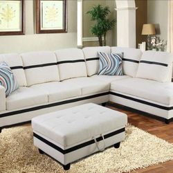 White Sectional Sofa Set w/ Ottoman (Right Chaise) 👍90 days FREE FINANCING ❗