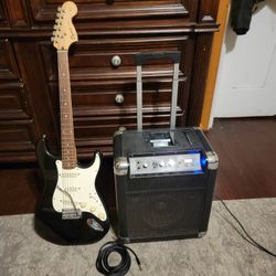 2001 Fender Squier Affinity From Indonesia Electric Guitar & ION Block Rocker Portable Speaker Amp Souns System AM/FM And Mic 