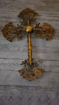 Large Ornate Metal Wall Cross – Distressed Antique Gold – Approx. 34"