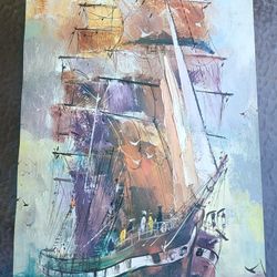 vibrant, impressionistic painting titled "Under Full Sail". 
This artwork depicts a sailing ship with multiple masts and billowing sails. 27"x17"