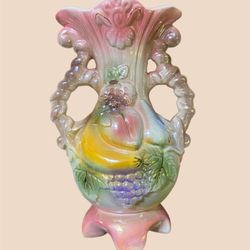 Pink, Cream, and Brown Vintage Ceramic Vase with Fruit Design