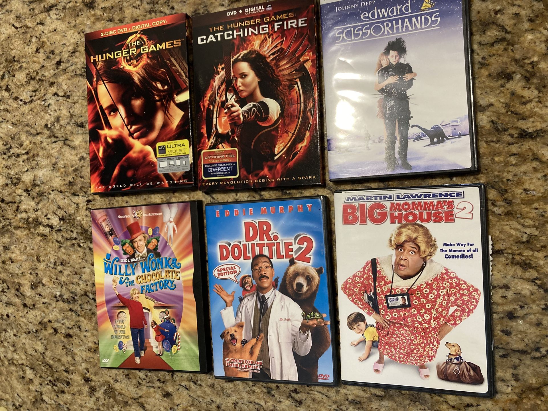 Hunger Games, Edward Scissorhands, Willey Wonka, Dr. Doolittle2, Big Momma House2 (all 6 for $4)