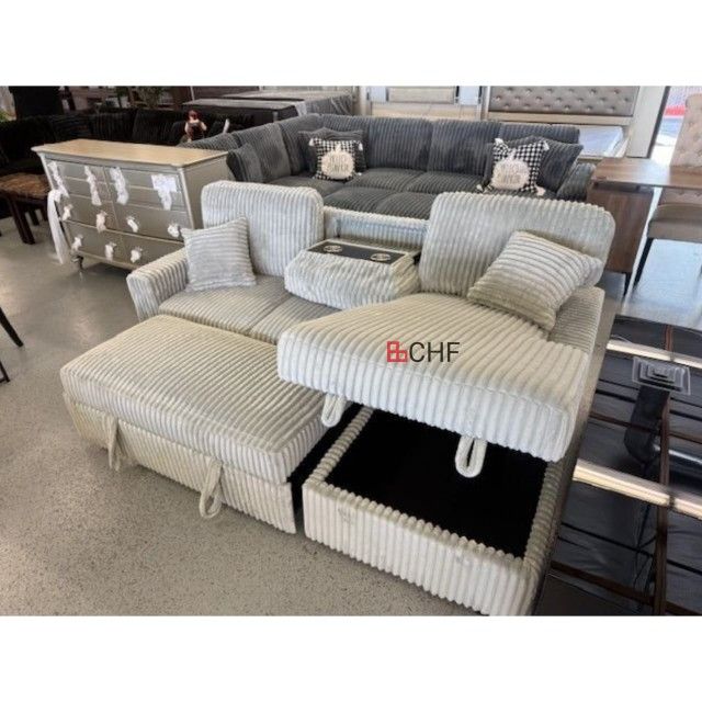Corduroy Convertible Sectional
Pull Out Sofa with Fold Down Table & Cup Holder + USB Port + Storage Chaise