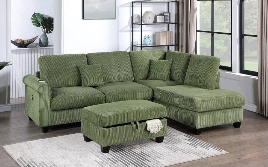 3pcs Sectional Sofa w/storage ottoman & Usb connection
