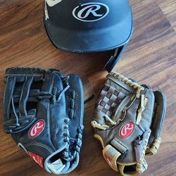 (2) Youth / Young Adult Baseball Gloves  Right - Hardly Used & Helmet 