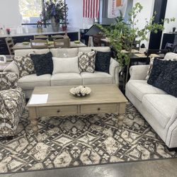 Sofa And Loveseat - Beige Fabric Studded Trim