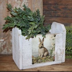 NEW Shabby Distressed White Cottage Bunny Rabbit Planter Box with Bay Leaf Bush