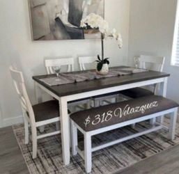 ✅️✅️(6 pc white & grey finish wood dining table set grey padded seat chairs and bench✅️✅️