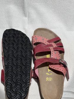 Birkenstock “Birki’s” - Red/Pink/salmon color straps with metal studs/gems