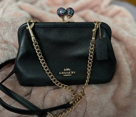 Coach Nora Kisslock in Black Leather with Confetti Glitter Kisslock closure.