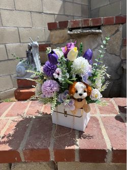 Artificial Flower Arrangement with Plush Dog in Gift Box