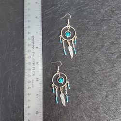 2.5” Turquoise Earrings, Silver Chain /hoop Earrings