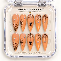 Halloween Press On Nails | Orange Spiderweb Stiletto