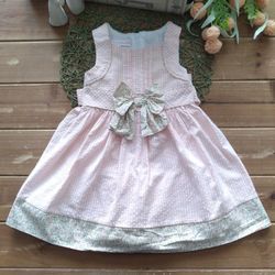 3T SLEEVELESS PEACH & WHITE SEER SUCKER FLORAL TRIM & BOW FIT AND FLAIR DRESS