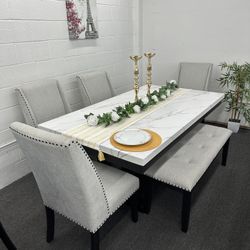 6 Pc Dining Set.  Faux Marble Dining Table White Marble Top Black Wood Finish.    ☎️📲🔥(213)713-74-89.    Comedor De 6 Piezas Nuevo En Caja 