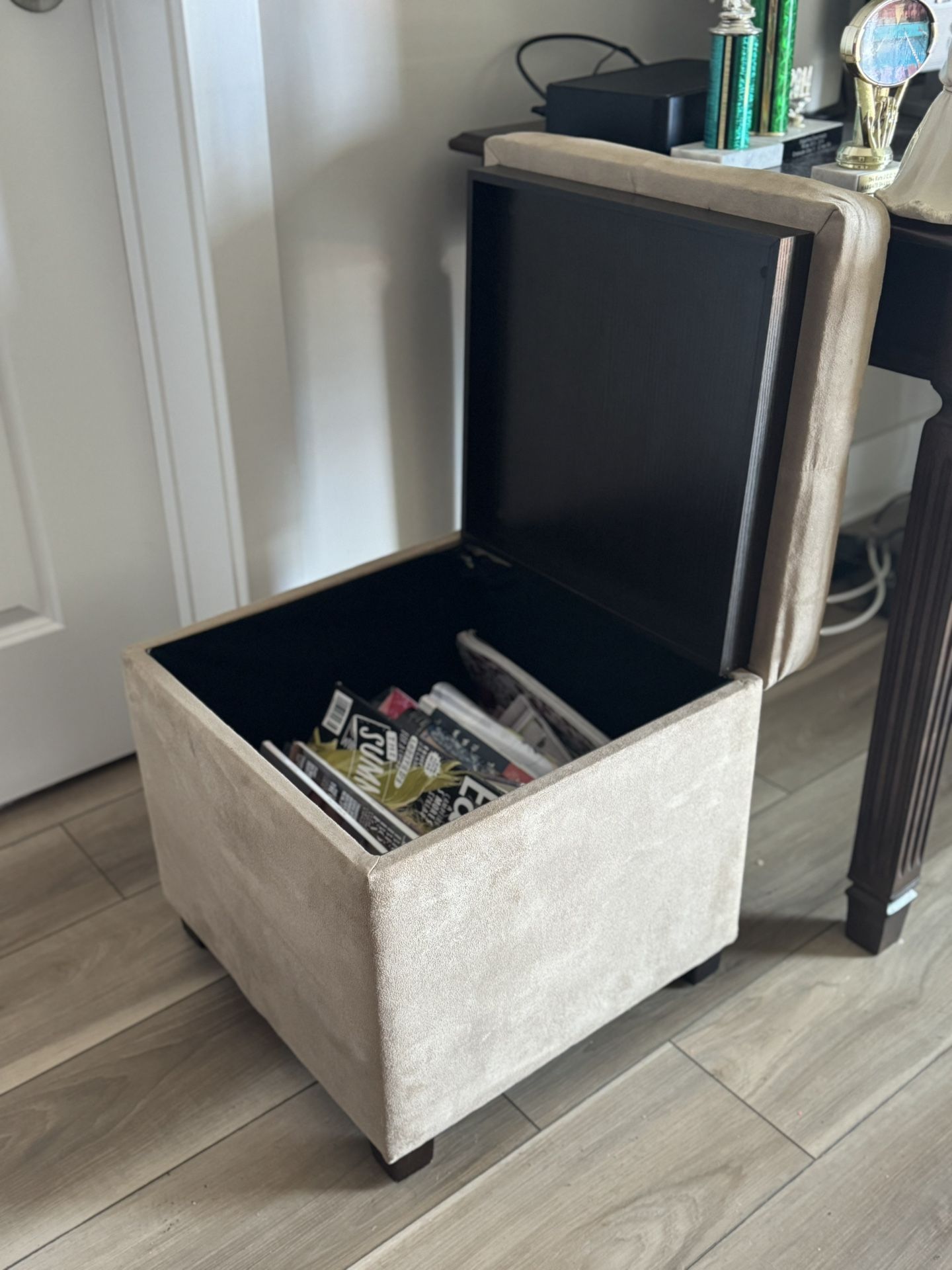 Velvet Beige Storage Ottoman With Dark Brown Wood Interior And Serving Top