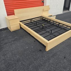 Queen Wooden Ikea Bedframe with Nightstand & Side Table