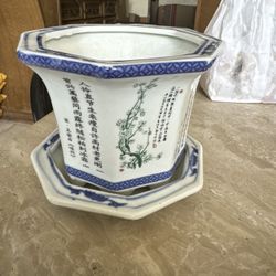 Handmade Blue & White Porcelain Flower Pot Planter with Drainage – Indoor Outdoor Decor 