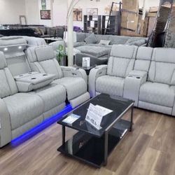 New Gray Genuine Leather Sofa And Love Seat Couch Set With Cup Holders, USB Ports And LED Lights 