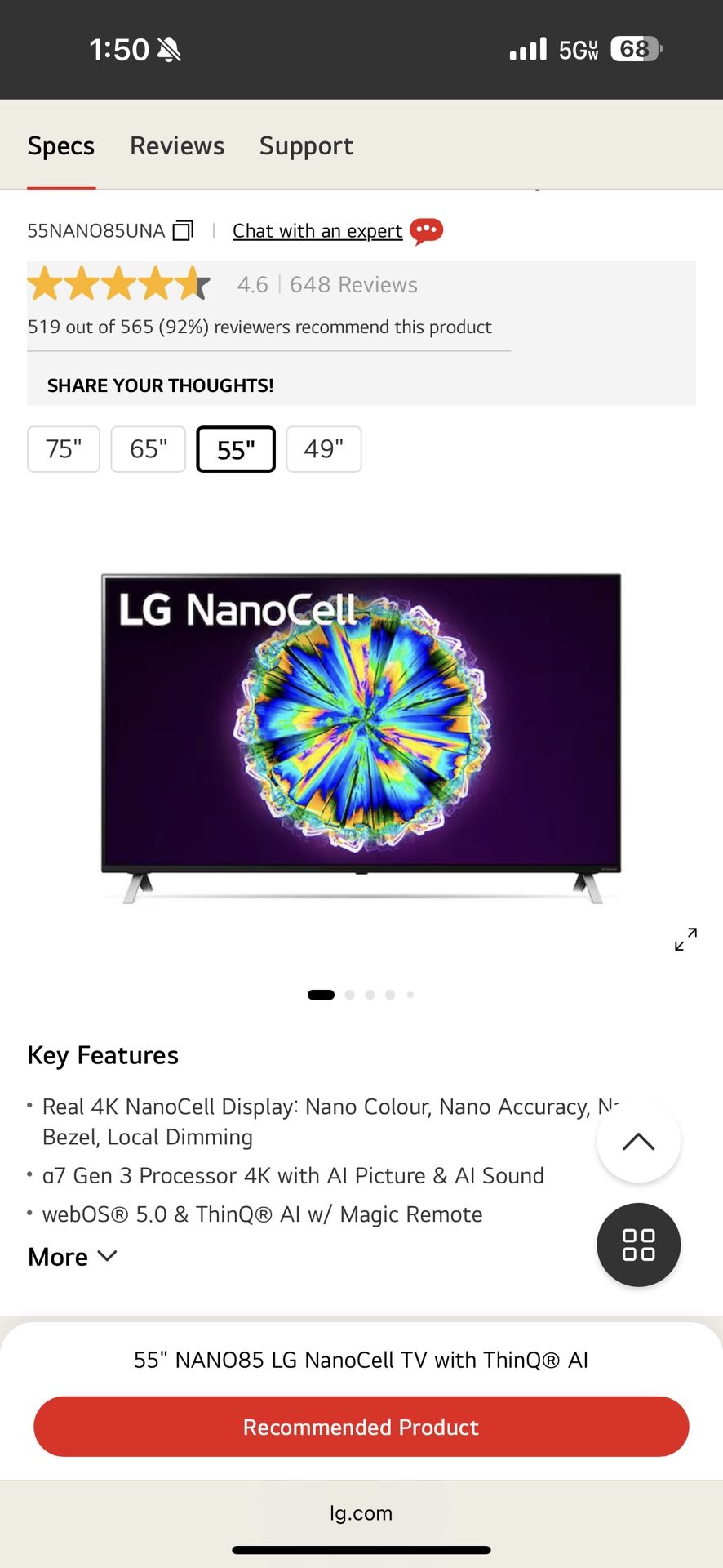 LG NanoCell TV w/ ThinQ 55”