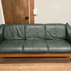Vintage Green Leather Teak Ekornes Stressless 3 Seater Sofa 
