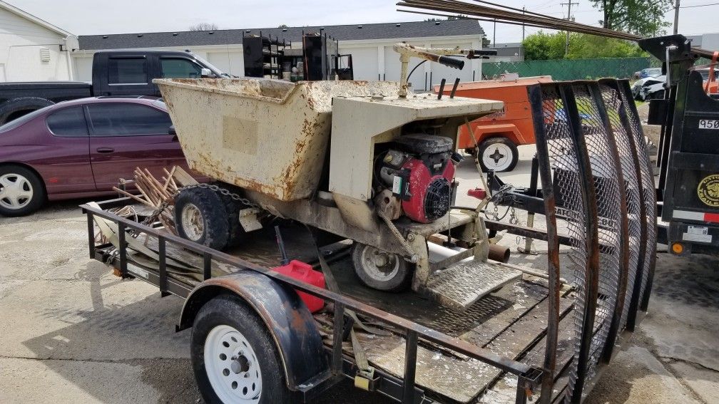 Concrete mixer, concrete buggy with trailer and pull behind air