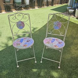 Wrought Iron and Mosaic Tile Folding Patio Chairs