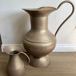 Vintage Antique Copper Brass Silver Plated Pitchers Set