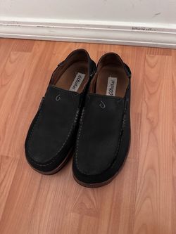 OluKai Black Leather Slip-On Loafers