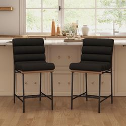 Modern Black Linen Counter Stools Set of 2, 25" Seat Height Upholstered Counter Height Bar Stools with Tufted Back&Cushion, Comfy Armless High Dining 