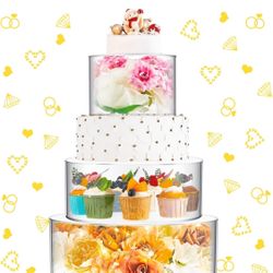 Sintuff 3 Pcs Acrylic Cake Stand With LED Lights 12‘’, 14‘’, 16‘’ Clear Fillable Cake Riser Round 3 Tier Case Cylinder Box For Wedding Birthday Holida