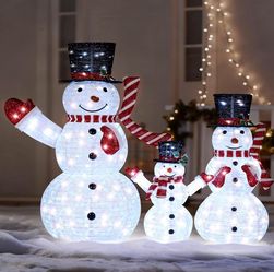 3 Pcs 3D Christmas Collapsible Snowman Yard Light 270 Pre-Lit LED Cool White Lights for Indoor Outdoor Garden Holiday Décor, Christmas Event Decoratio