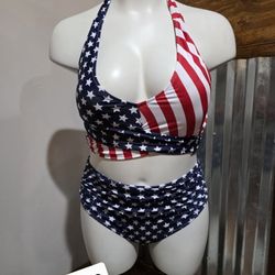 New Women's USA Flag  2piece Plus Size Bikini Set 