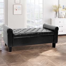 42 inch Bedroom Storage Bench, Ottoman with Roll-Up Arm, Rectangular Leather Upholstered Footrest for Living Room, Black Brand new still in the box D1