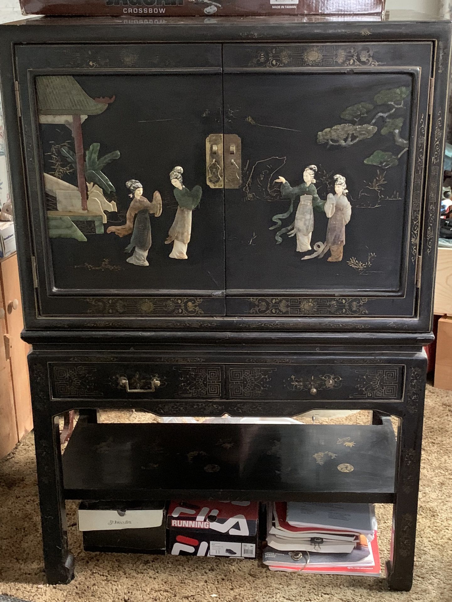 Weekend  Special  - Antique China Hutch With 2 Smaller Twin Hutches With Jade  & Mother of Pearl Figurines Mounted - Marked Way Down!