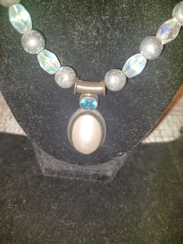 STERLING SILVER MABE PEARL/TOPAZ CHARM NECKLACE