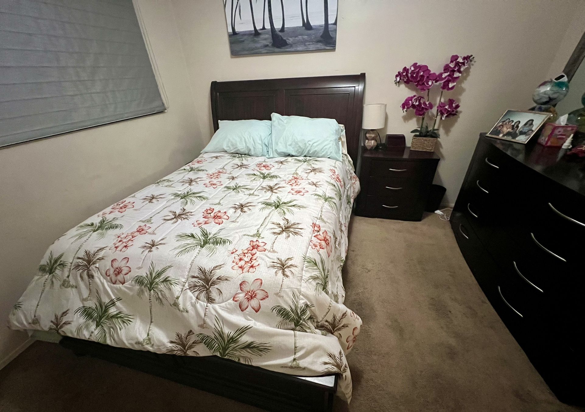 Full Bedroom Set - Espresso Color, Dresser, Night Stand, Mirror And Mattress W/box