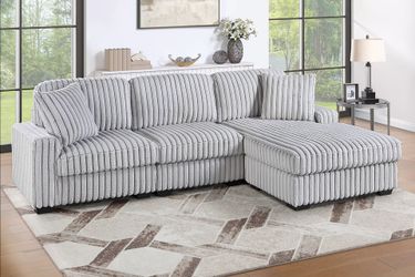 🪙 2 pc Mink Grey Fur-Like Corduroy Fabric Sectional Sofa with Reversible Chaise, New in the Box.