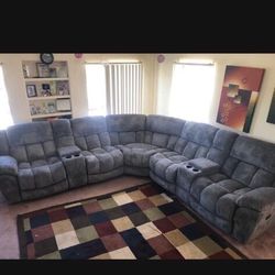 New Reclining Sectional .  Grey Flannelette Fabric .  133” X 133”.  Free Delivery !