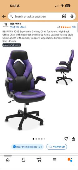 Brand New Black/Purple RESPAWN 3085 Tall Back Gaming Chair w/Flip Up Padded Armrests
