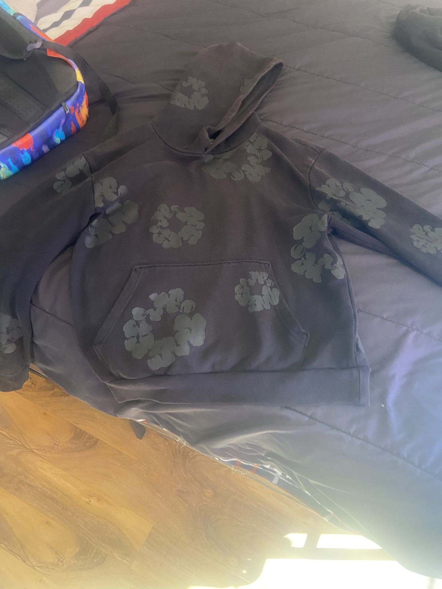 BLACK MONOCHROME DENIM TEAR HOODIE