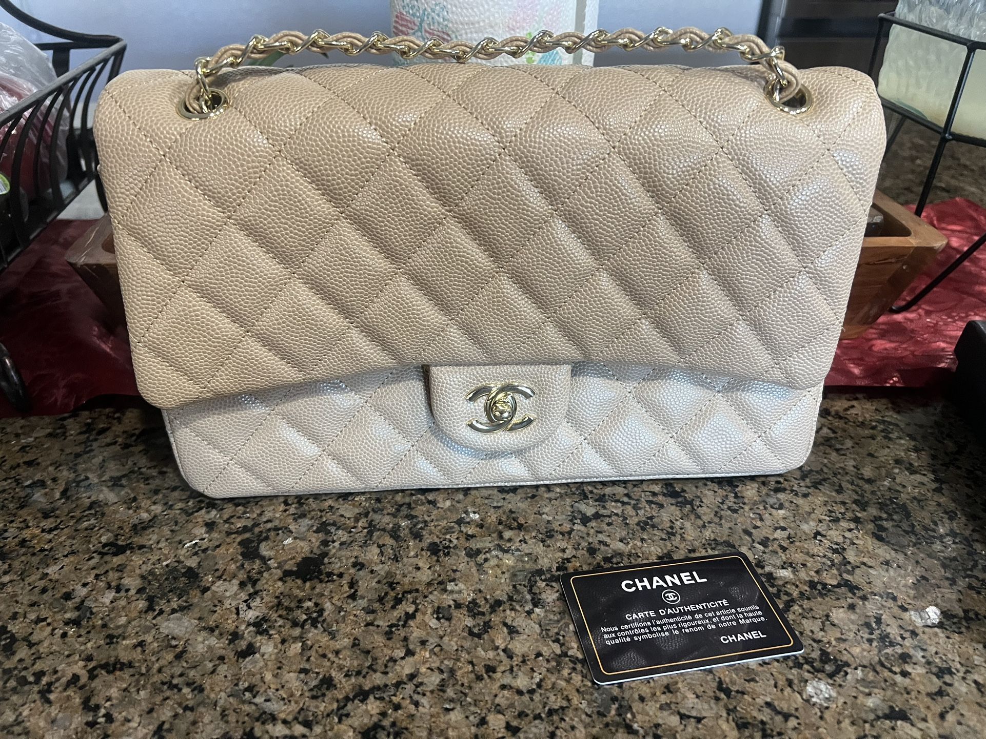 Pre-owned Chanel Medium Classic Double Flap Pearly Beige Caviar Gold Hardware