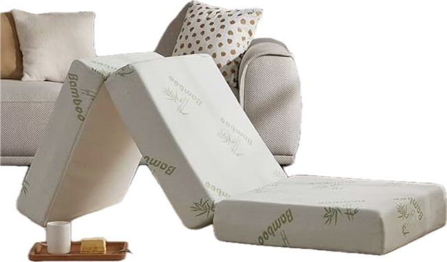 Bamboo Trifold Mattress Lightly Used, Foam Topper, Pillow, Sheets Perfect For Guest Room,, Walnut Wood And Metal Fan, And Home Decor.