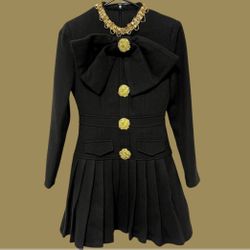 NWT Elegant Black A-Line Tweed Mini Dress W/Big Bow & Ornate Gold Buttons Size S