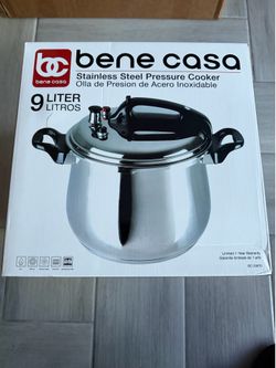 New stainless steel pressure cooker has a 9-liter capacity. This silver Bene Casa model BC-33870 is dishwasher-safe and compatible with gas, electric,